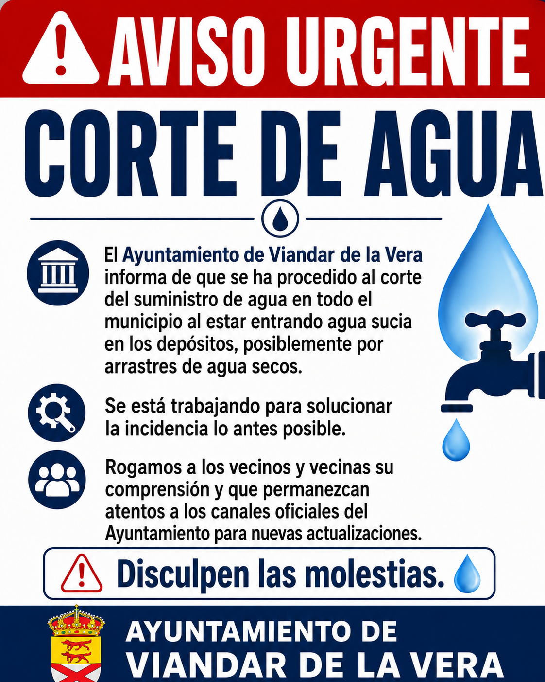 🚨 AVISO URGENTE – CORTE DE AGUA