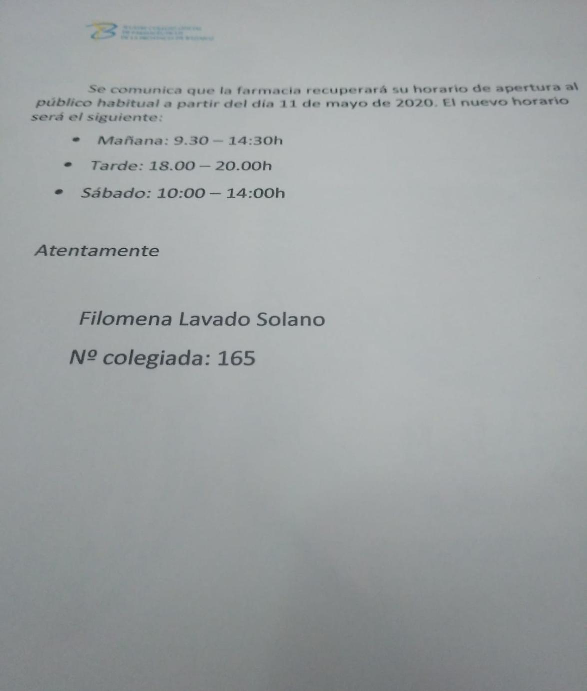 HORARIOS FARMACIA FILOMENA LAVADO SOLANO