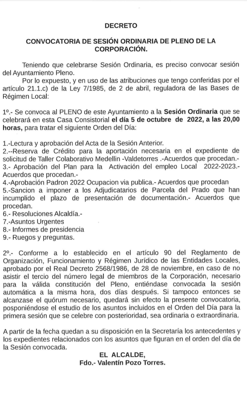 CONVOCATORIA PLENO ORDINARIO 5 DE OCTUBRE DE 2022