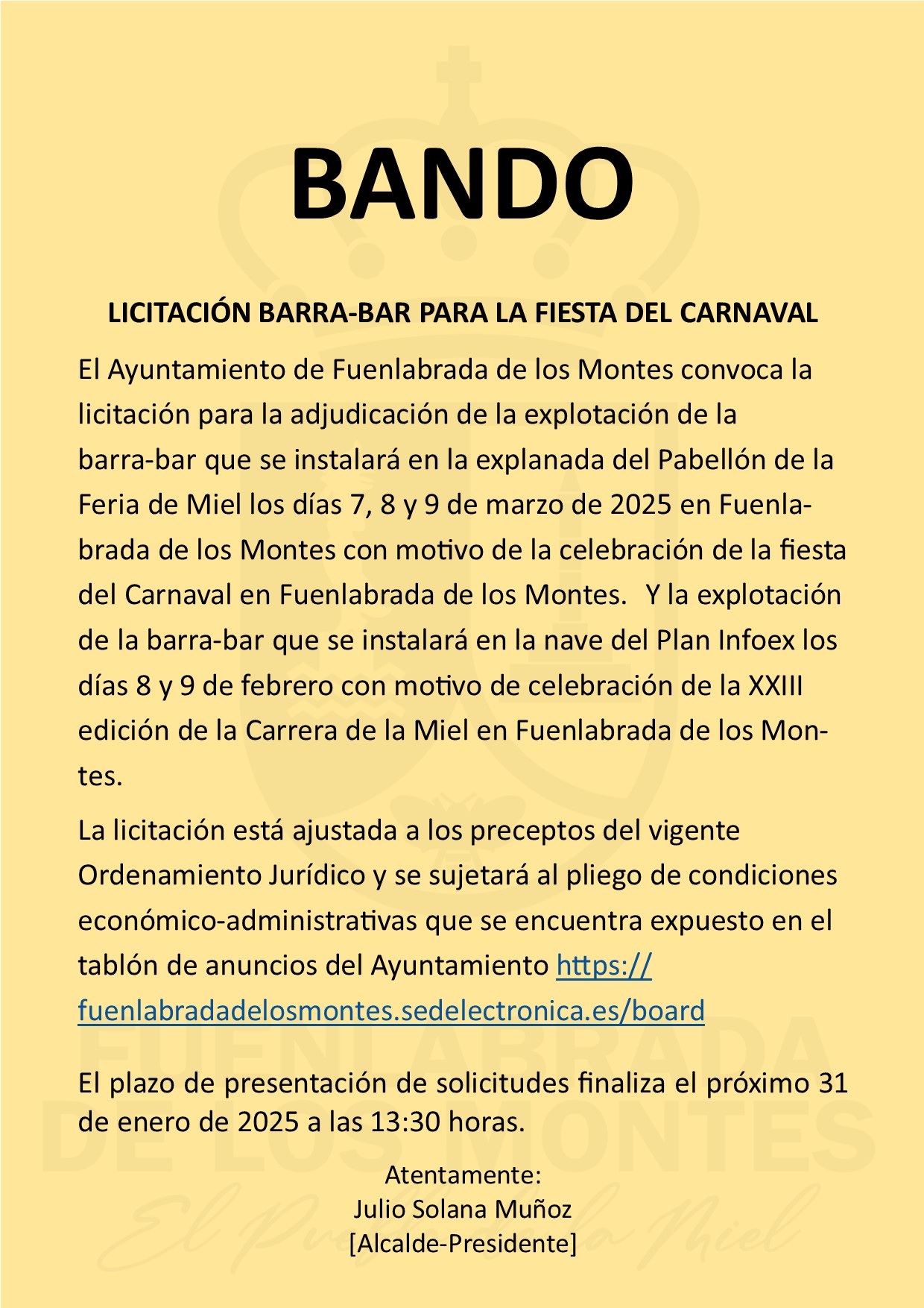LICITACIÓN BARRA-BAR PARA LAS FIESTA DE CARNAVAL 2025