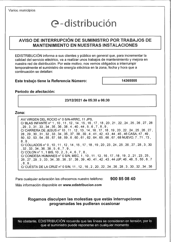 CORTE DE LUZ PROGRAMADO POR ENDESA PARA El 23 DE DICIEMBRE