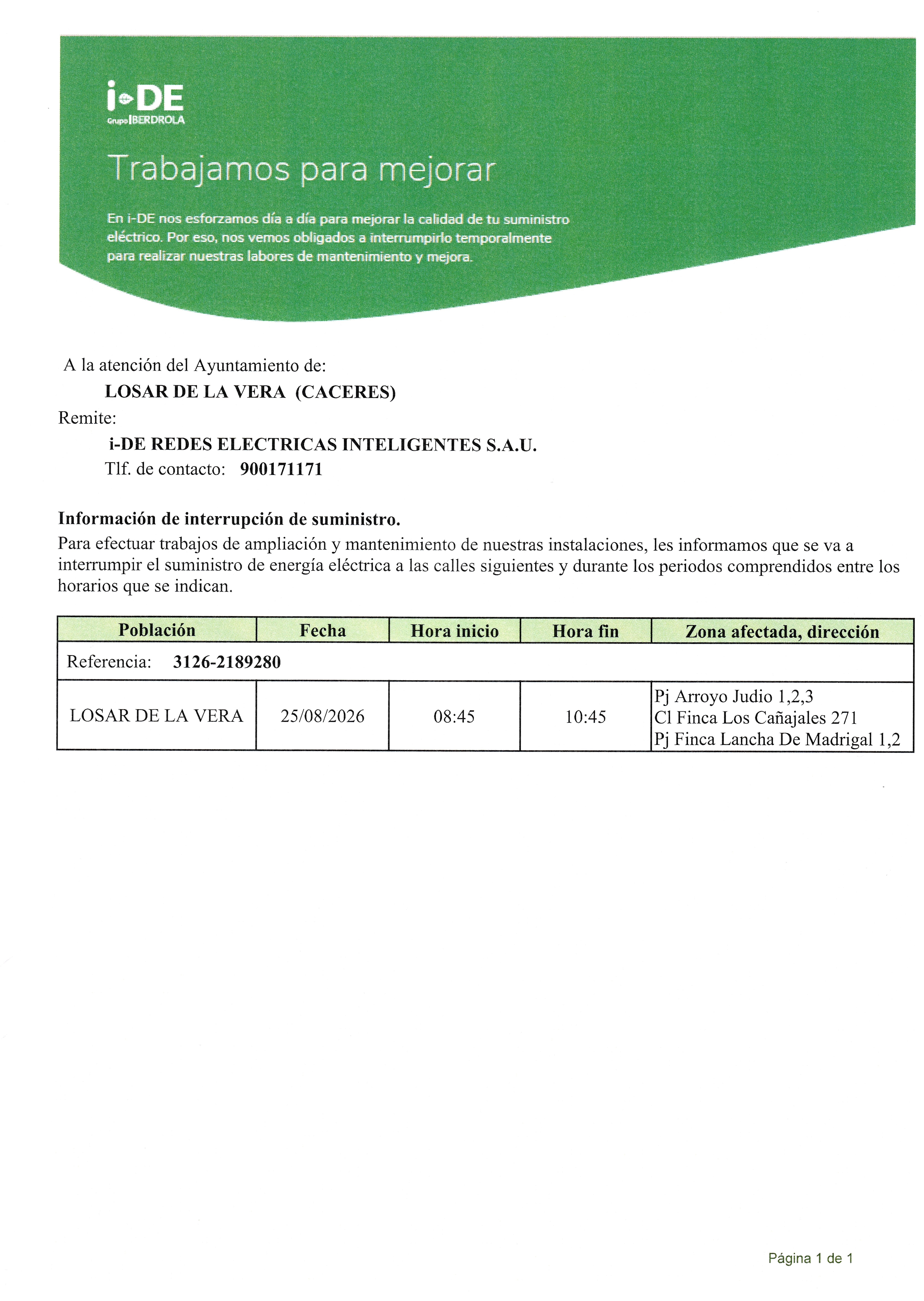 Aviso interrupción de suministro eléctrico en las zonas y fecha que se indican