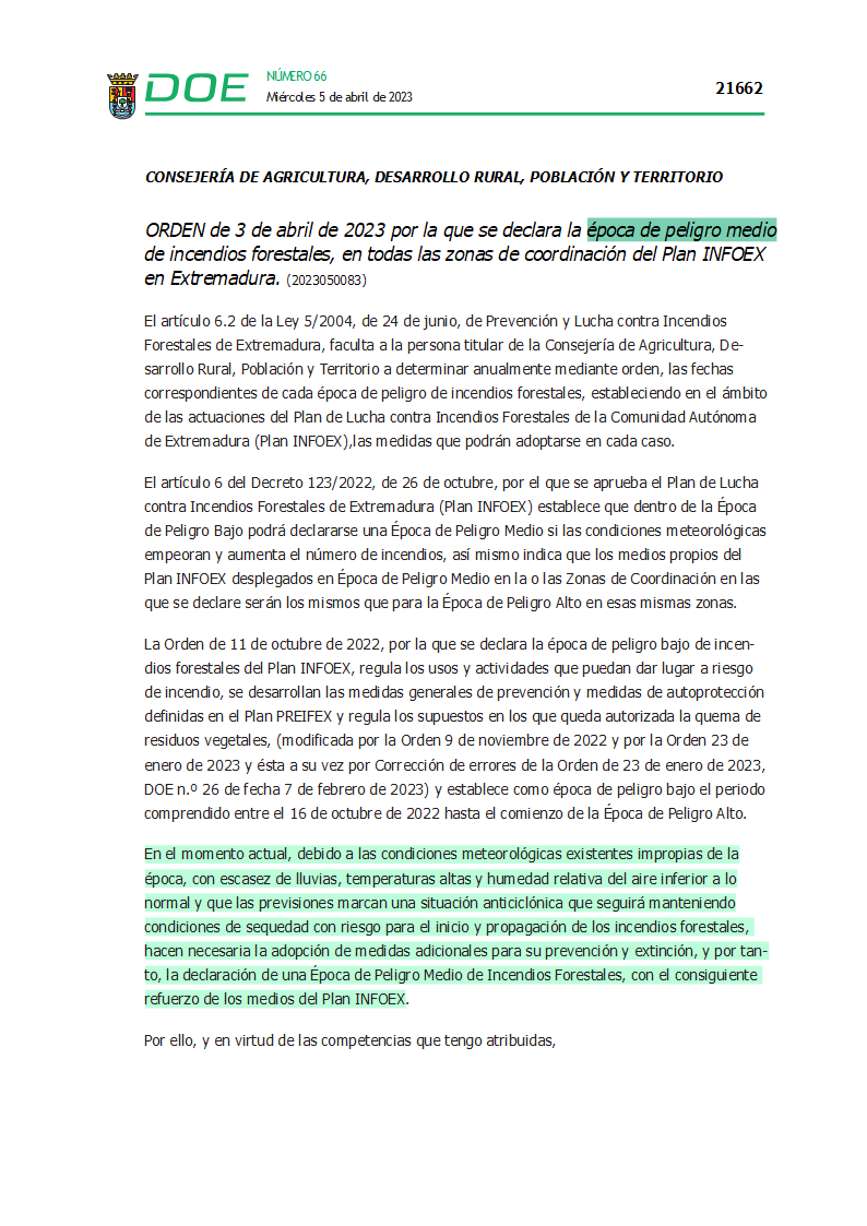 PUBLICADA LA ORDEN de 3 de abril de 2023 PELIGRO MEDIO DE INCENDIOS