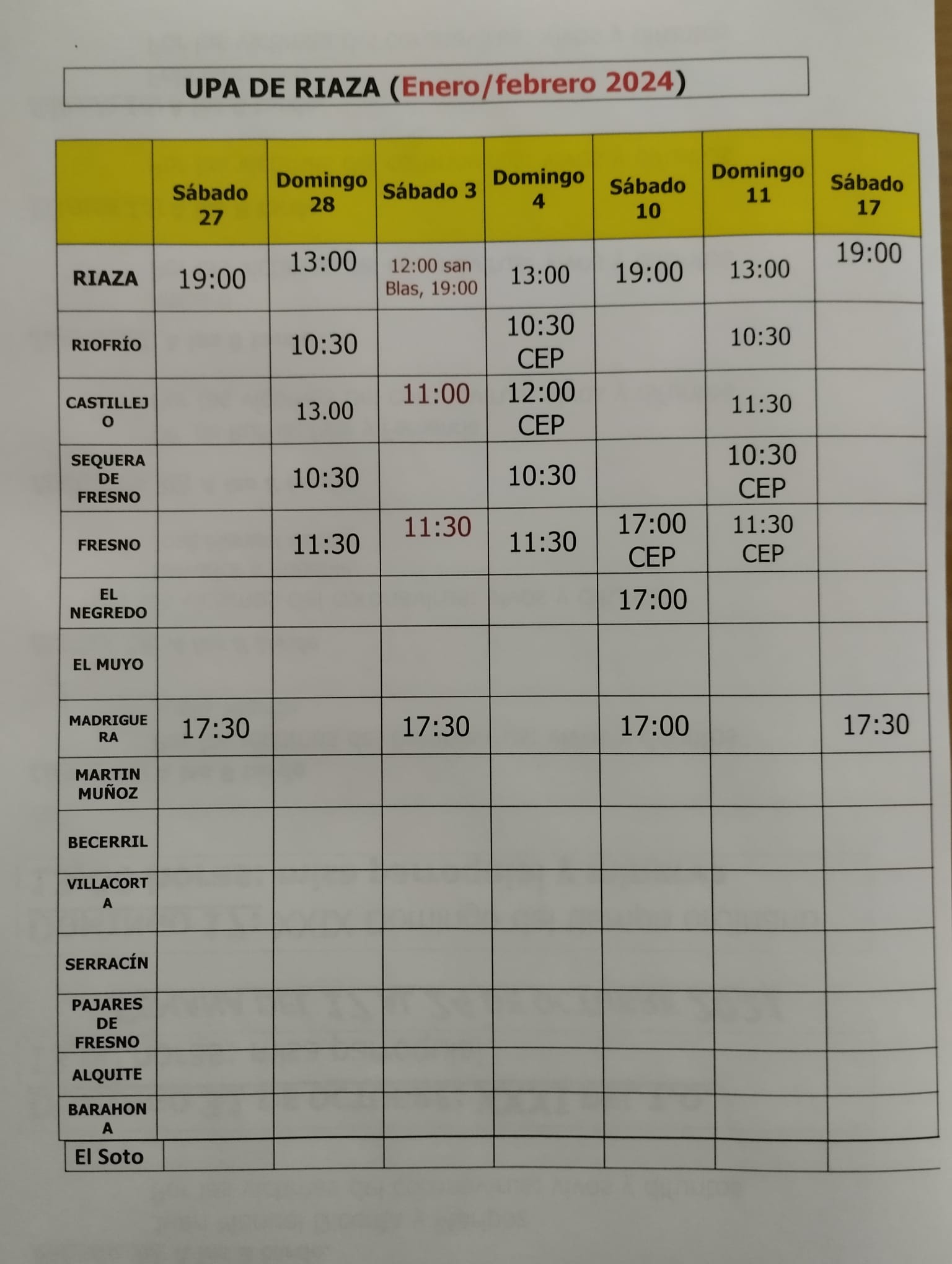 Horario de misas principio febrero 2024.
