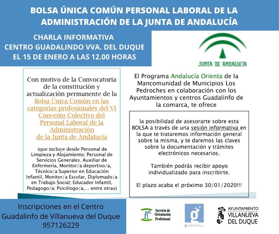 consenso Imperativo relajarse Charla informativa: «Bolsa Única Común Personal Laboral de la  Administración de la Junta de Andalucía» en Centro Guadalinfo