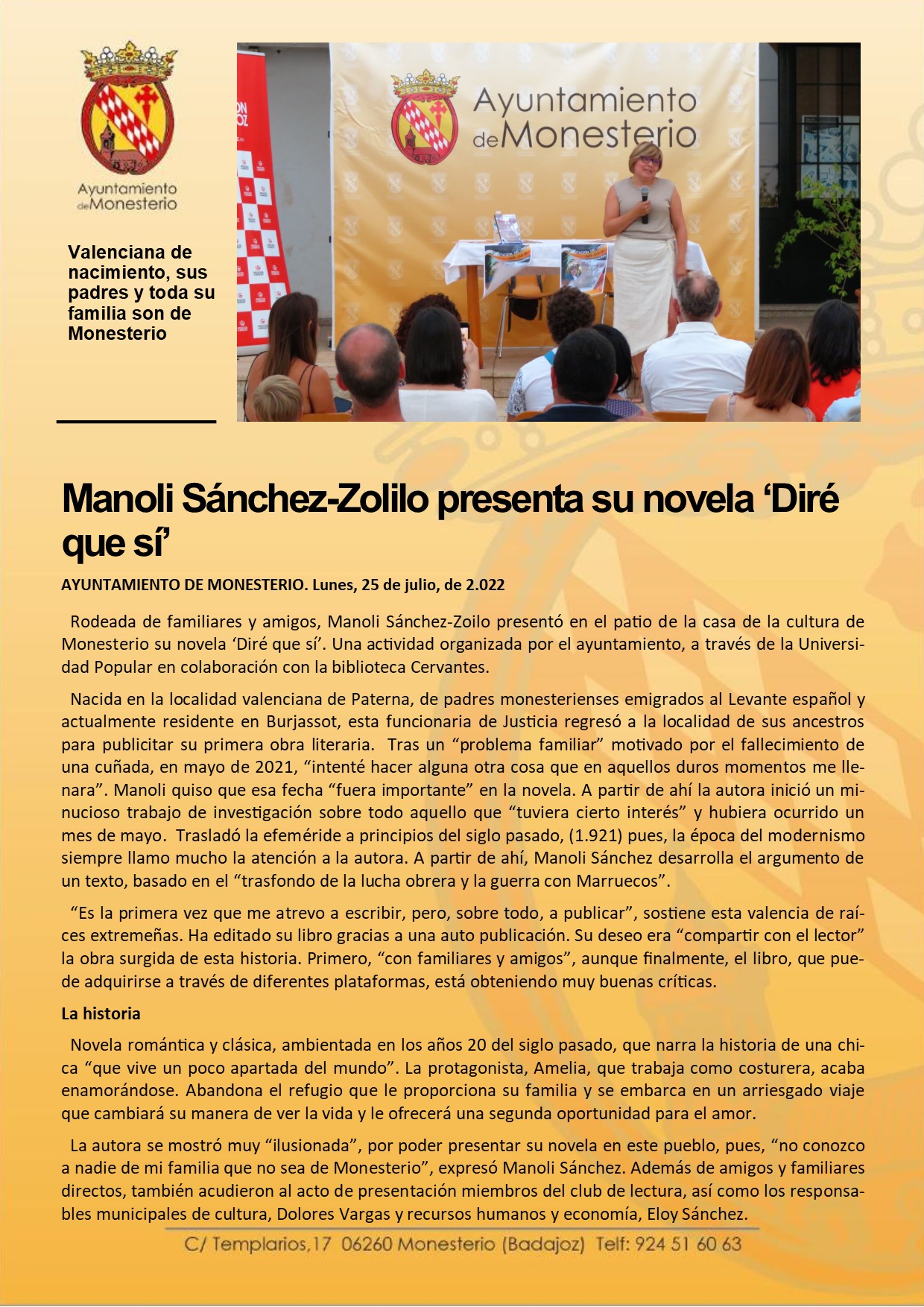 Oscurecer sagrado Casco Manoli Sánchez-Zoilo presenta su novela 'Diré que sí'