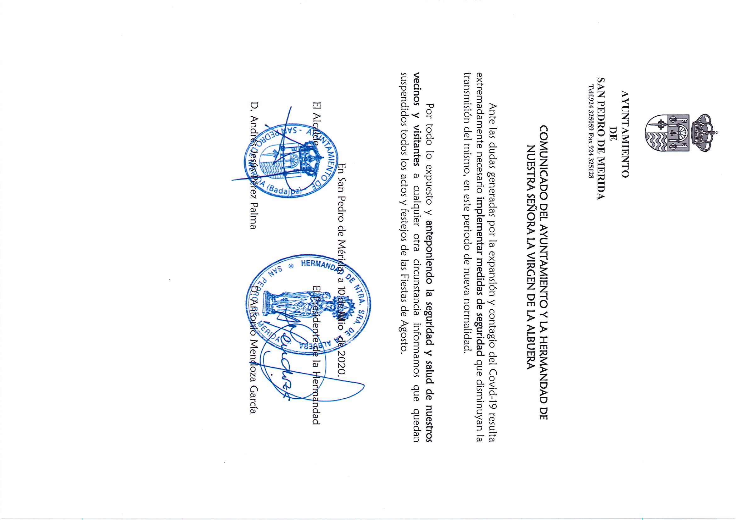 COMUNICADO DEL AYUNTAMIENTO Y LA HERMANDAD DE NUESTRA SEÑORA LA VIRGEN